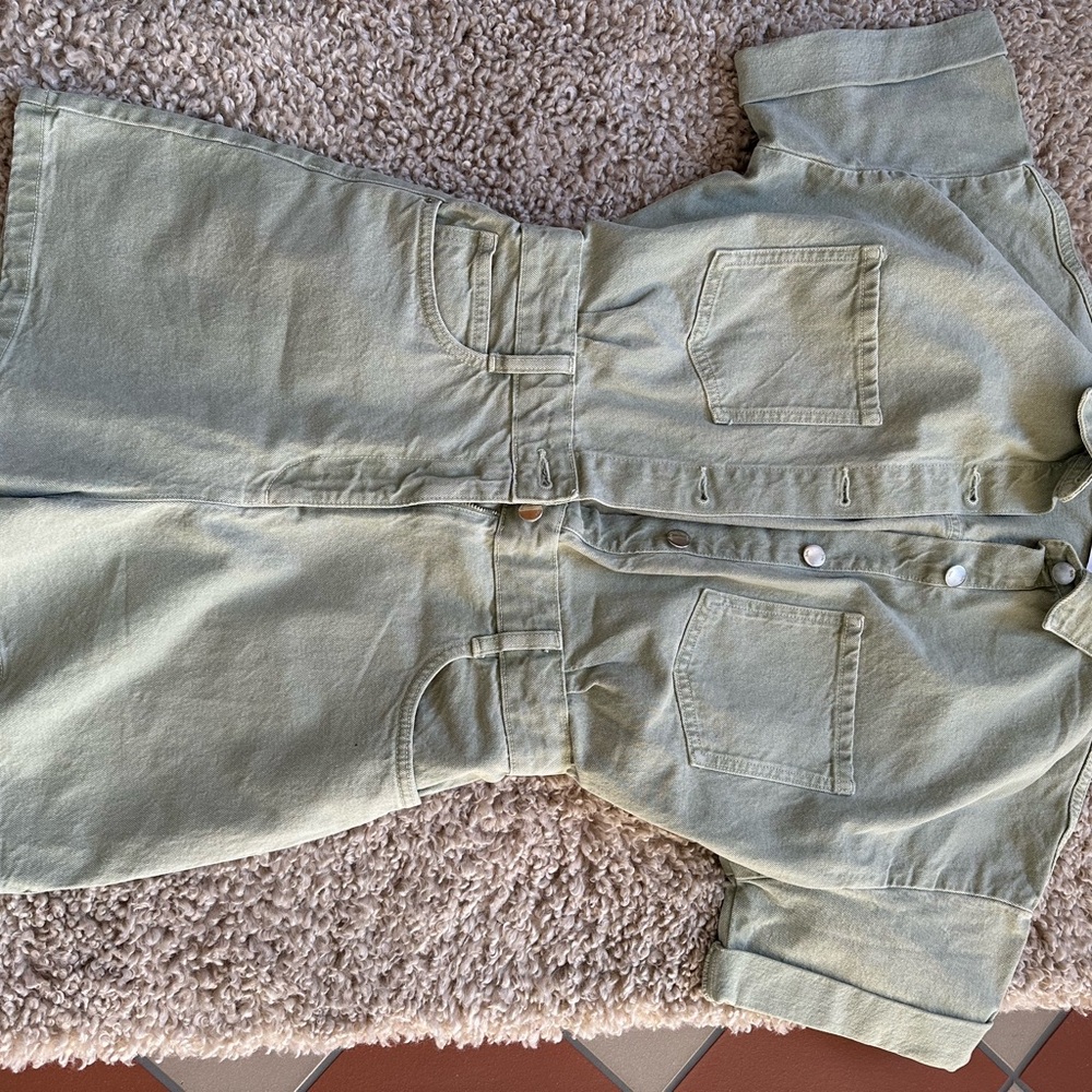 Green Short Sleeve Button-Up Jumpsuit